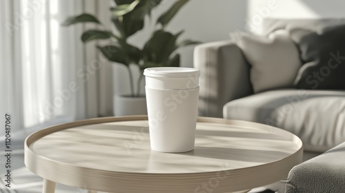 White cup on a coffee table in a living room. photo