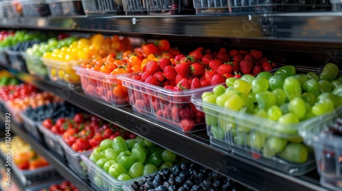 Abundant Variety of Fresh and Vibrant Fruits Displayed in Clear Plastic Containers on Shelves in a Grocery Store Aisle with Colorful Assortment