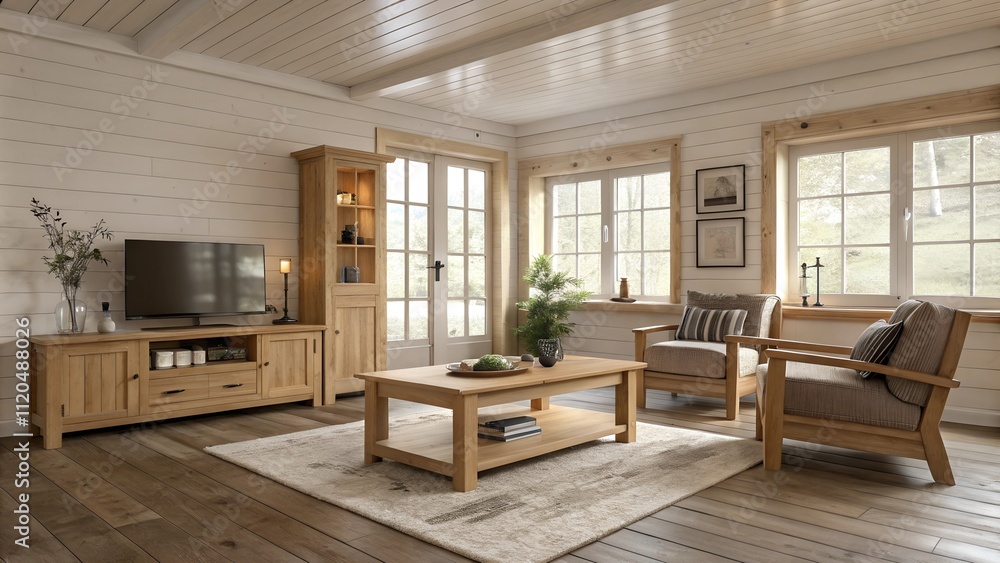 Fototapeta premium A cozy living room with Scandinavian-style wooden furniture, including a TV stand, armchairs, a coffee table, and a cabinet.