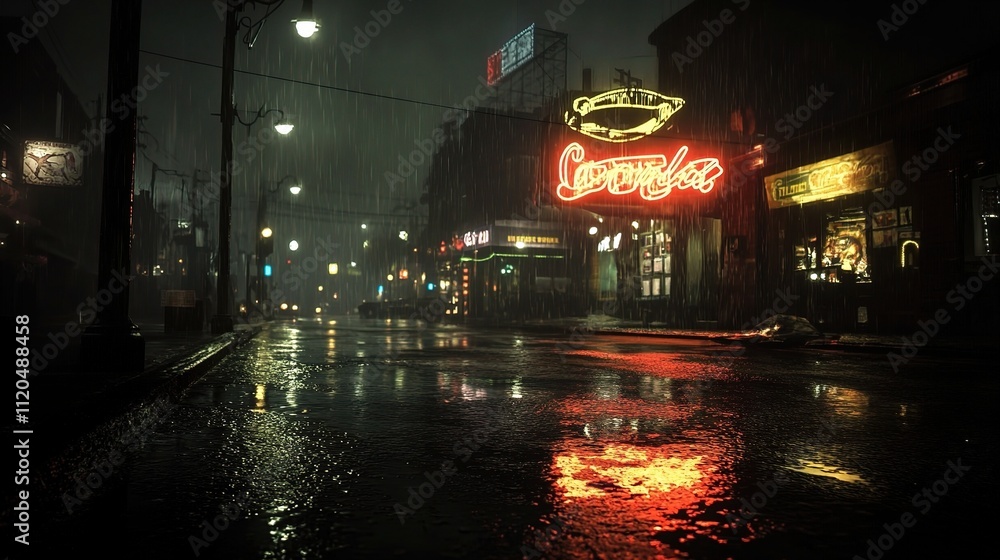 Fototapeta premium Moody Dark Street Scene with Wet Asphalt and Neon Lights at Night