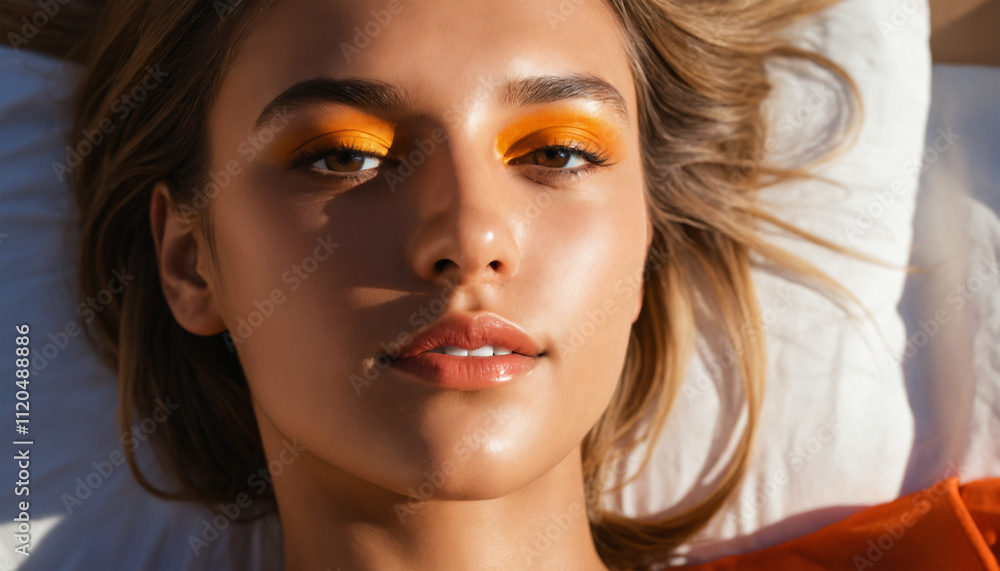 female model laying on the bed and sun shining on her face female model laying on the bed and sun shining on her face