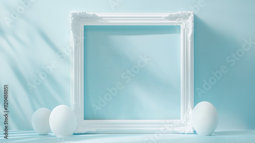 White Minimalist Plaster Frame in Venetian Style on Pastel Blue Background photo