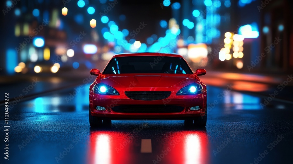 Fototapeta premium A front view from a red car driving on a city road illuminated by colorful night lights.
