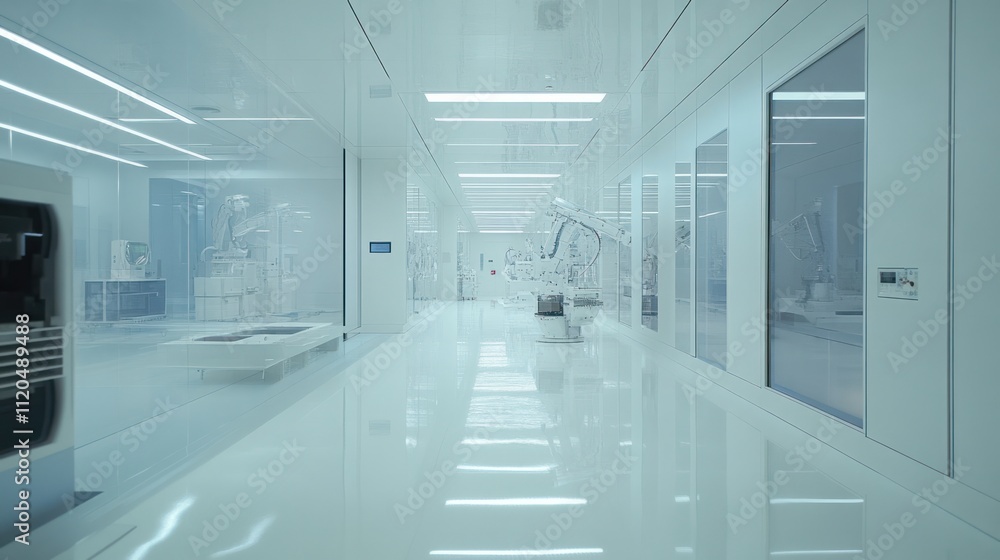An advanced cleanroom environment with technicians working on semiconductor production.
An advanced cleanroom environment with technicians working on semiconductor production.