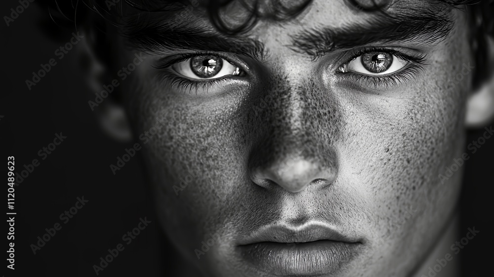 Obraz premium Young Man With Striking Eyes and Freckles Poses for a Dramatic Black and White Portrait Showcasing His Unique Features and Intense Expression in a Studio Setting