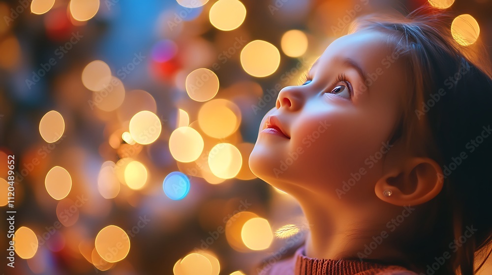 Little girl looking up with wonder at festive Christmas decorations and family celebration under sparkling lights. Little girl looking up with wonder at festive Christmas decorations and family celebration under sparkling lights.
