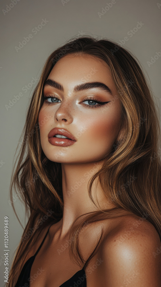 Glamorous woman with bold smokey eye makeup and radiant skin portrait Glamorous woman with bold smokey eye makeup and radiant skin portrait