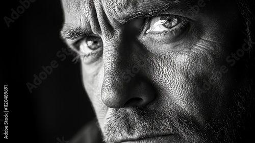 Intense Close-Up of a Man's Face Capturing Deep Emotions and Details in Black and White Light