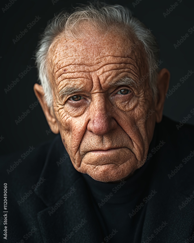 Portrait of an Elderly Man With Deep-Set Eyes and Weathered Skin Against a Dark Background, Capturing a Lifetime of Stories and Experiences in a Serene Expression Portrait of an Elderly Man With Deep-Set Eyes and Weathered Skin Against a Dark Background, Capturing a Lifetime of Stories and Experiences in a Serene Expression