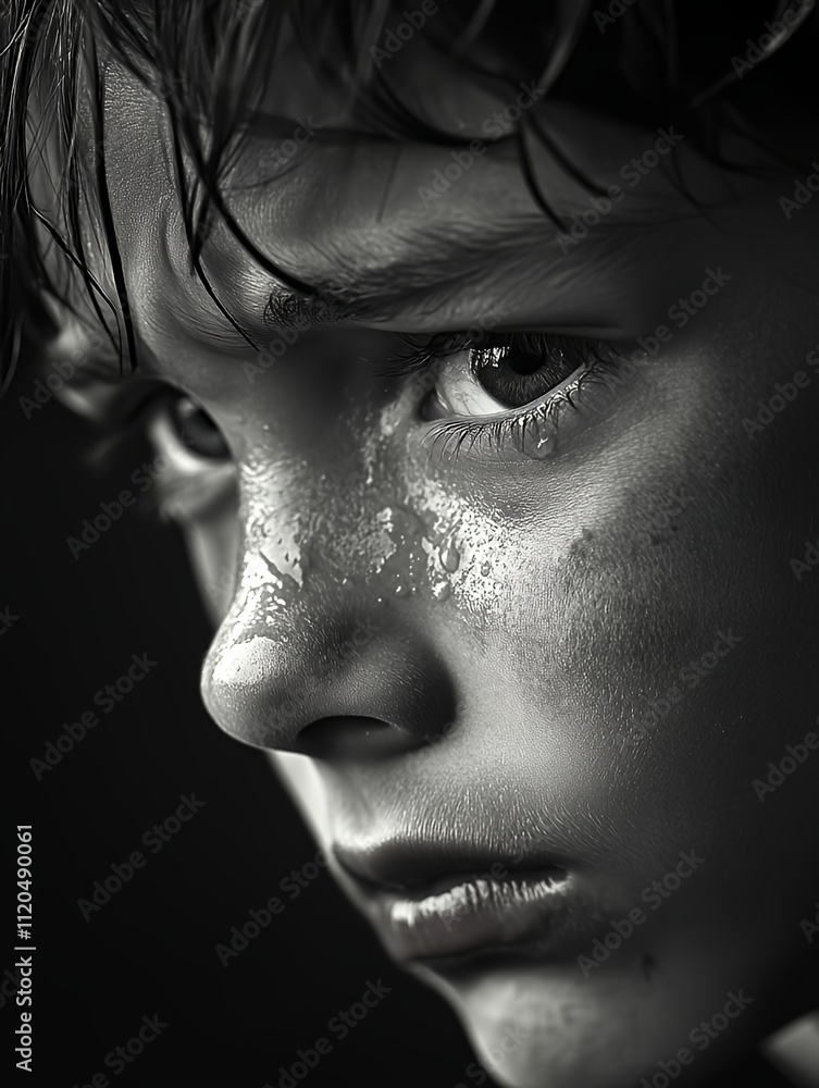 Obraz premium Young Boy With Expressive Eyes Showing Emotion Under Dramatic Lighting and Subtle Water Droplets on His Face