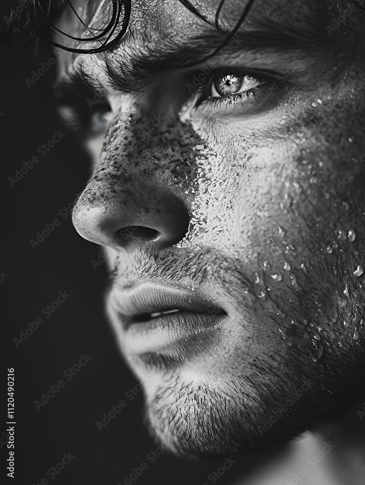 Close-up of a Young Man With Wet Skin and Prominent Freckles, Showcasing Intense Emotion During a Rain or Water Exposure Close-up of a Young Man With Wet Skin and Prominent Freckles, Showcasing Intense Emotion During a Rain or Water Exposure