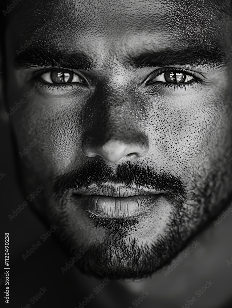 Close-up Portrait of a Man With Captivating Eyes and Well-Defined Features in Dramatic Black and White Lighting Close-up Portrait of a Man With Captivating Eyes and Well-Defined Features in Dramatic Black and White Lighting