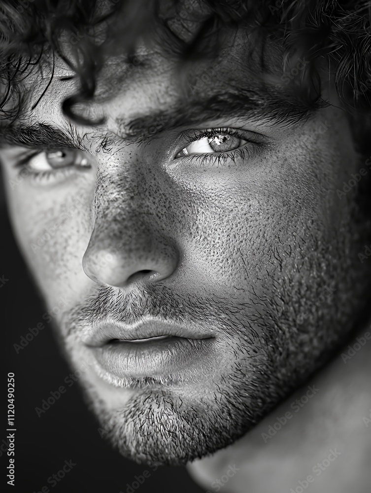 Portrait of a Young Man With Curly Hair and Striking Eyes in Black and White, Capturing a Moment of Deep Expression in a Studio Setting Portrait of a Young Man With Curly Hair and Striking Eyes in Black and White, Capturing a Moment of Deep Expression in a Studio Setting