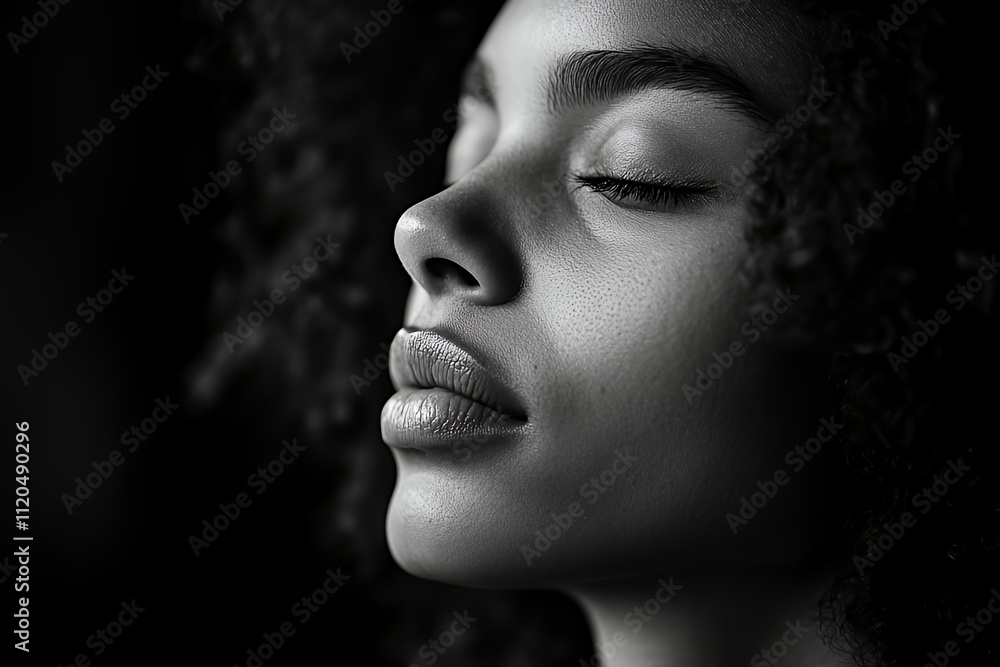 Young Woman With Curly Hair and Closed Eyes Focuses on Relaxation in a Soft, Monochrome Setting Young Woman With Curly Hair and Closed Eyes Focuses on Relaxation in a Soft, Monochrome Setting