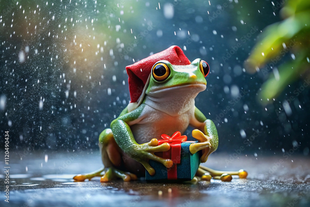 Festive green tree frog in Santa hat holding gift, rain background.