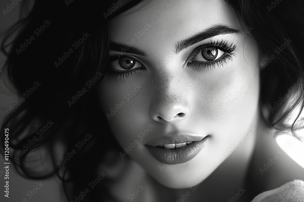 Fototapeta premium Close-up Portrait of a Young Woman With Expressive Eyes, Soft Curls and a Natural Look Captured in Black and White