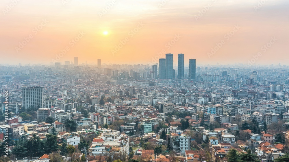 Fototapeta premium Cityscape at sunset with urban skyline and buildings.