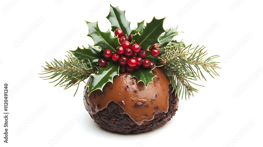 Christmas pudding cake decorated with red cherries isolated on white Christmas pudding cake decorated with red cherries isolated on white