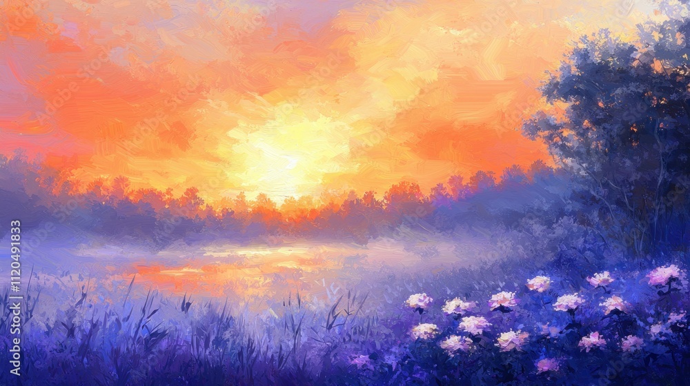 Vibrant sunset over a tranquil lake with blooming flowers. Vibrant sunset over a tranquil lake with blooming flowers.