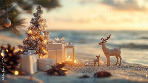christmas ornament near the beach reindeer statue xmas tree merry chrismas from tropical season