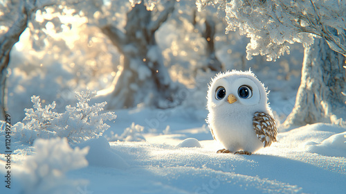 A cute white owl sits on the snow in the winter forest on a frosty sunny day