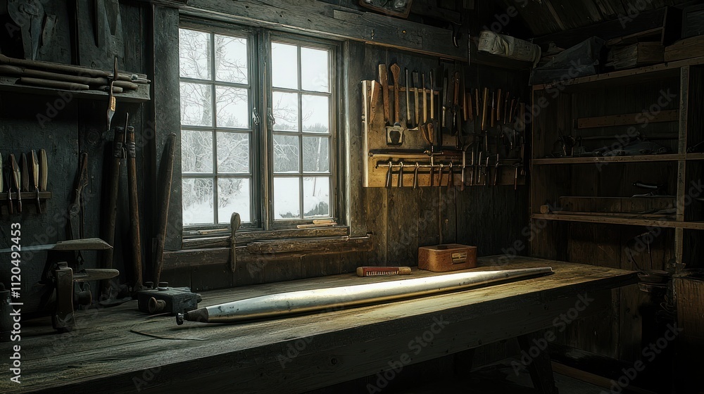 Workshop with tools and snowy window view. Workshop with tools and snowy window view.