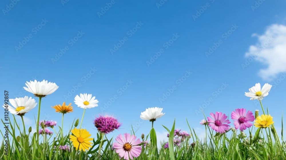 A vibrant field of colorful flowers under a clear blue sky. A vibrant field of colorful flowers under a clear blue sky.