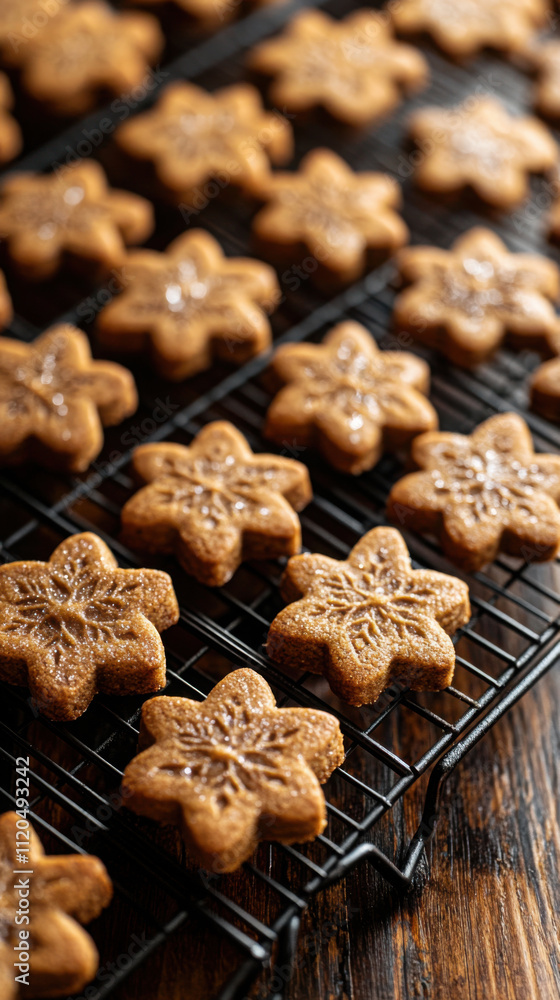 Fototapeta premium Freshly baked gingerbread cookies cooling on a wire rack for holiday treats