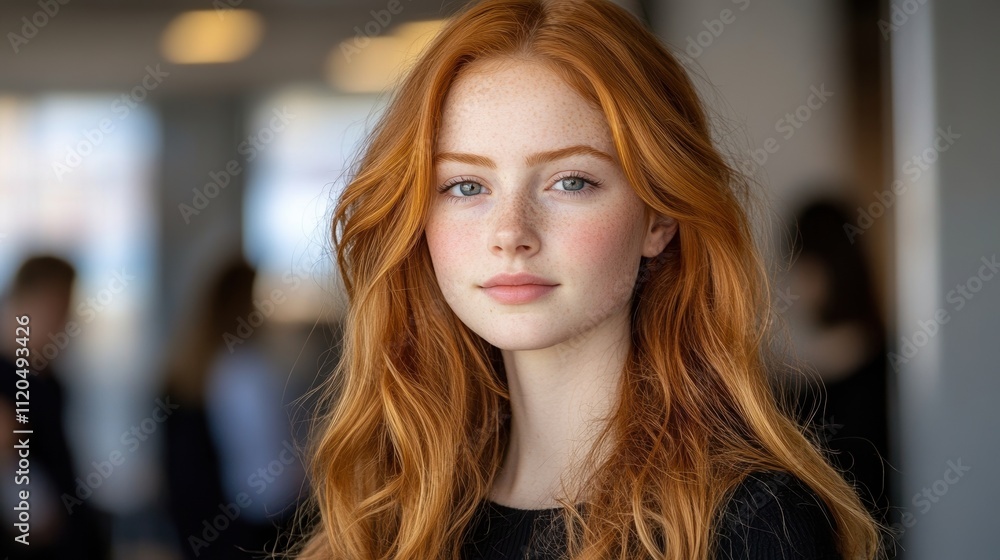 Striking Portrait of a Young Red-Haired Woman with Freckles in a Modern Indoor Setting with Blurred Background Striking Portrait of a Young Red-Haired Woman with Freckles in a Modern Indoor Setting with Blurred Background