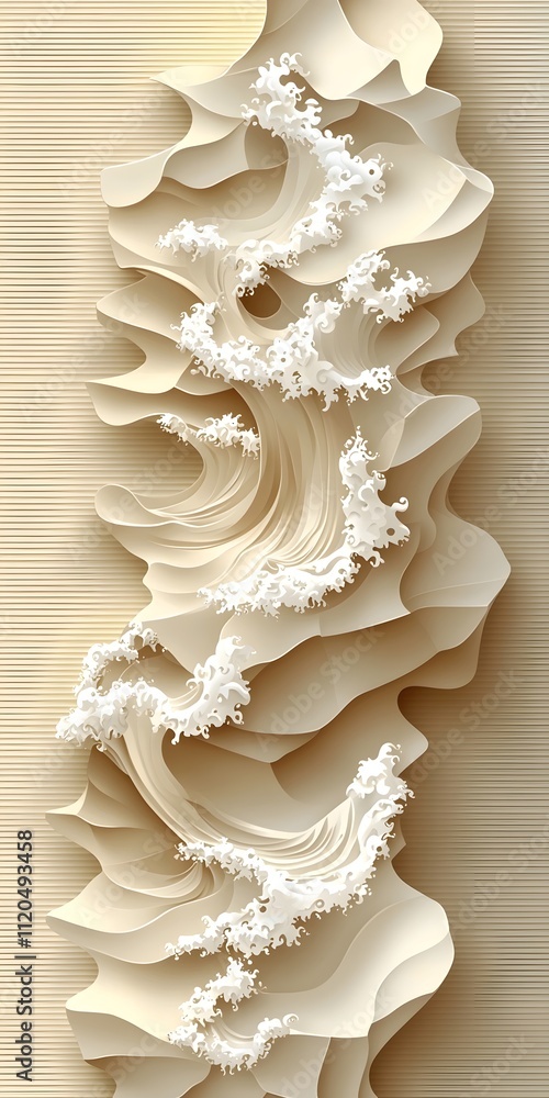 A stunning abstract artwork featuring intricate white wave-like formations cascading over textured beige layers, creating a tranquil and harmonious visual experience. A stunning abstract artwork featuring intricate white wave-like formations cascading over textured beige layers, creating a tranquil and harmonious visual experience.