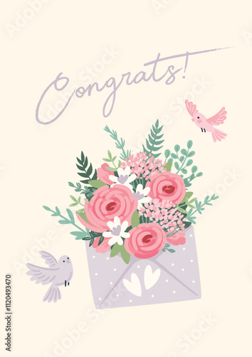 Vector illustration with wedding bouquet in envelope. Design element for marriage concept and other
