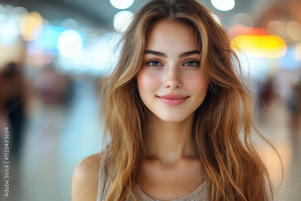 Portrait of a young woman with long hair and a soft smile, framed by a vibrant background of blurred lights and bustling atmosphere Portrait of a young woman with long hair and a soft smile, framed by a vibrant background of blurred lights and bustling atmosphere