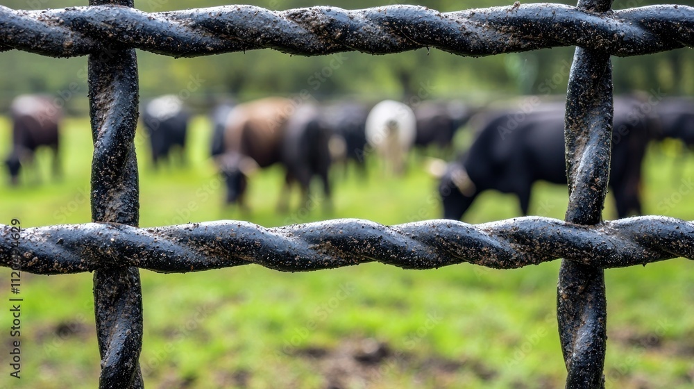 Cows grazing in a field behind a metal fence. Cows grazing in a field behind a metal fence.