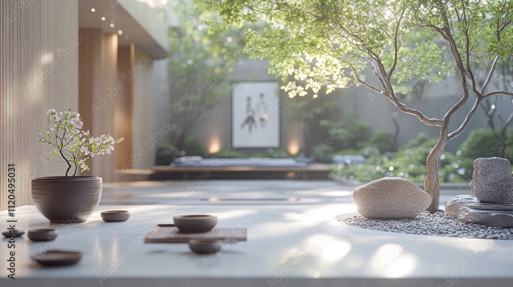 Serene minimalist zen garden courtyard. Serene minimalist zen garden courtyard.