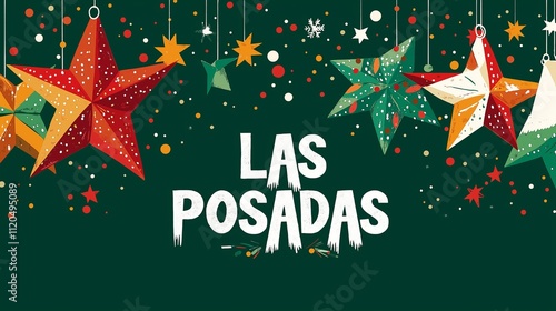Las Posadas Celebration. Colorful Mexican Paper Star Decorations Hanging Against a Green Background, Featuring Vibrant Red, Orange, and Green Patterns, Perfect for Holiday Festivities and Traditional 