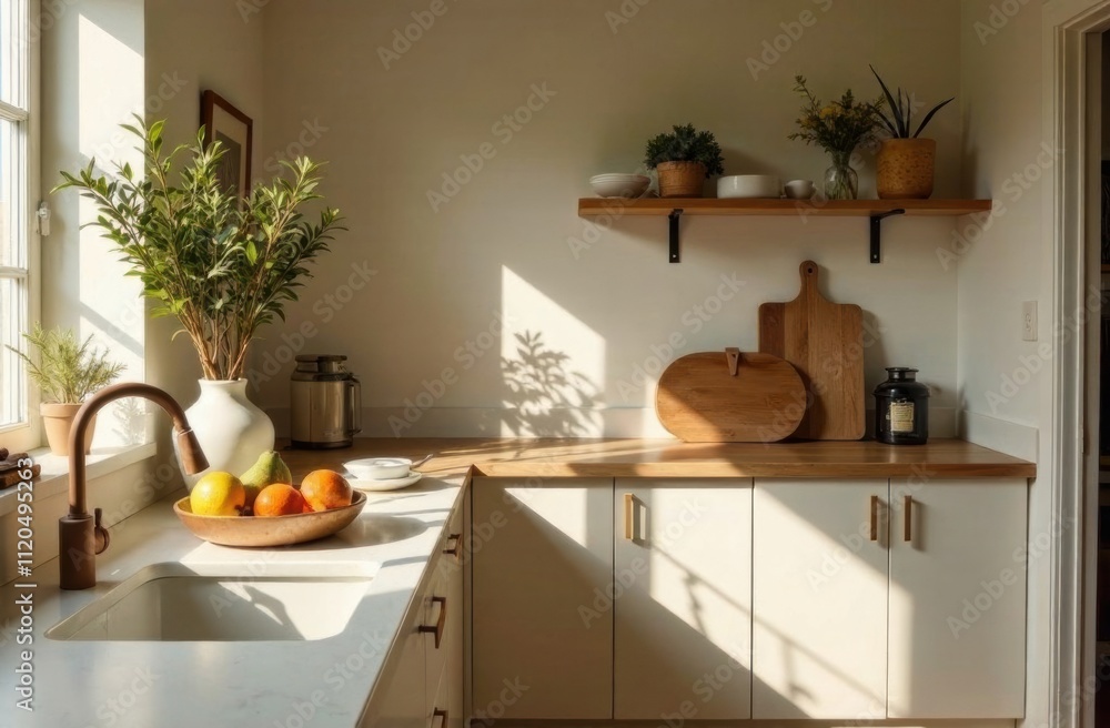 Curated kitchen with fresh fruit bowl and morning sunlight Curated kitchen with fresh fruit bowl and morning sunlight