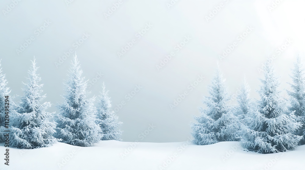 Minimal winter background with snow-covered fir trees and ample copy space.