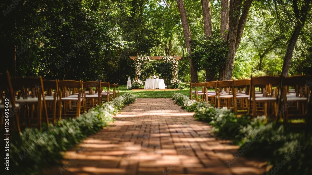 A beautiful wedding venue showcases a charming ceremony setup with an elegant altar under a wooden arch, surrounded by blossoming greenery and cozy seating for guests A beautiful wedding venue showcases a charming ceremony setup with an elegant altar under a wooden arch, surrounded by blossoming greenery and cozy seating for guests
