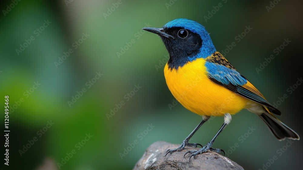 A vivid blue and yellow bird perched gracefully on a branch, showcasing its vibrant colors against a softly blurred green background in a natural setting A vivid blue and yellow bird perched gracefully on a branch, showcasing its vibrant colors against a softly blurred green background in a natural setting