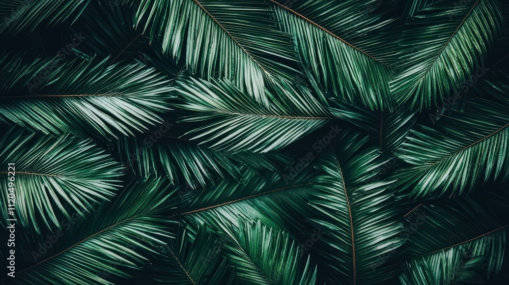 Lush green palm leaves overlapping in a natural pattern. Lush green palm leaves overlapping in a natural pattern.