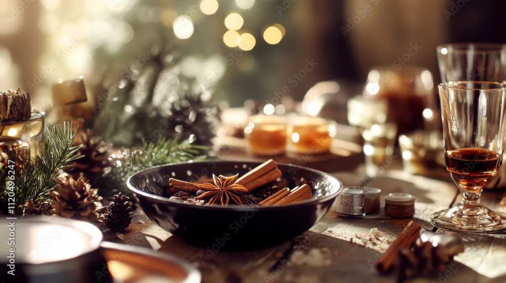 Festive holiday table setting with aromatic spices and warm candlelight ambiance Festive holiday table setting with aromatic spices and warm candlelight ambiance