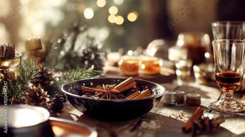 Festive holiday table setting with aromatic spices and warm candlelight ambiance