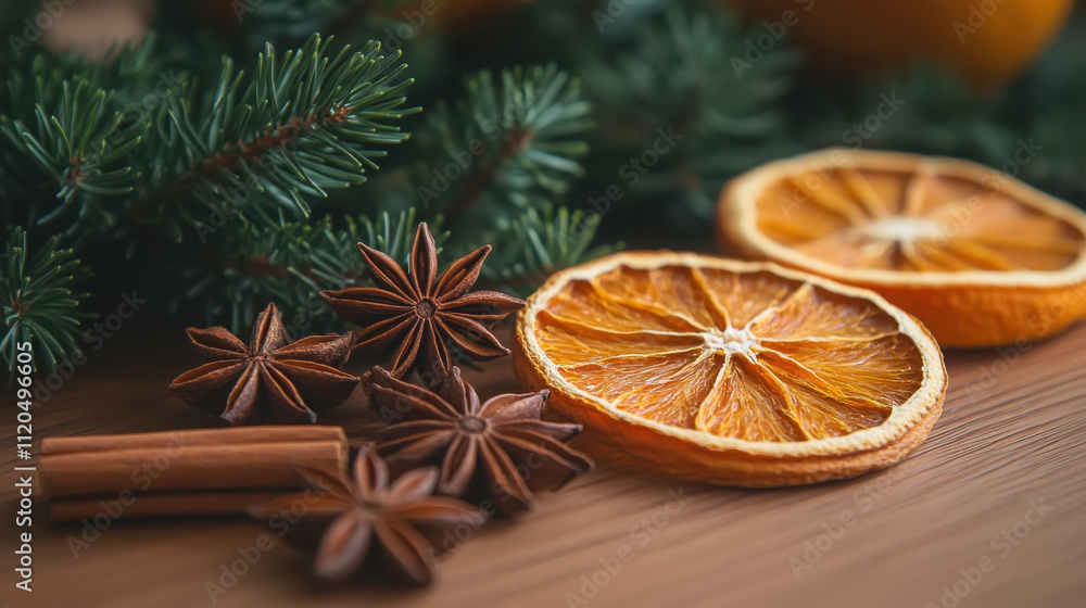 Aromatic christmas decorations with dried oranges cinnamon and star anise Aromatic christmas decorations with dried oranges cinnamon and star anise