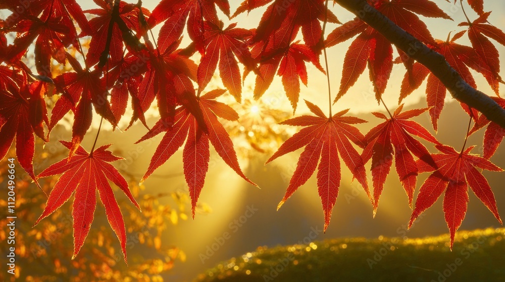 Vibrant red maple leaves against a warm, glowing backdrop. Vibrant red maple leaves against a warm, glowing backdrop.