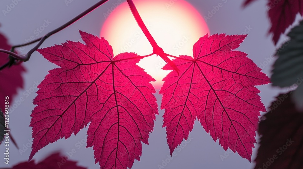 Vibrant red leaves against a glowing sunset backdrop. Vibrant red leaves against a glowing sunset backdrop.