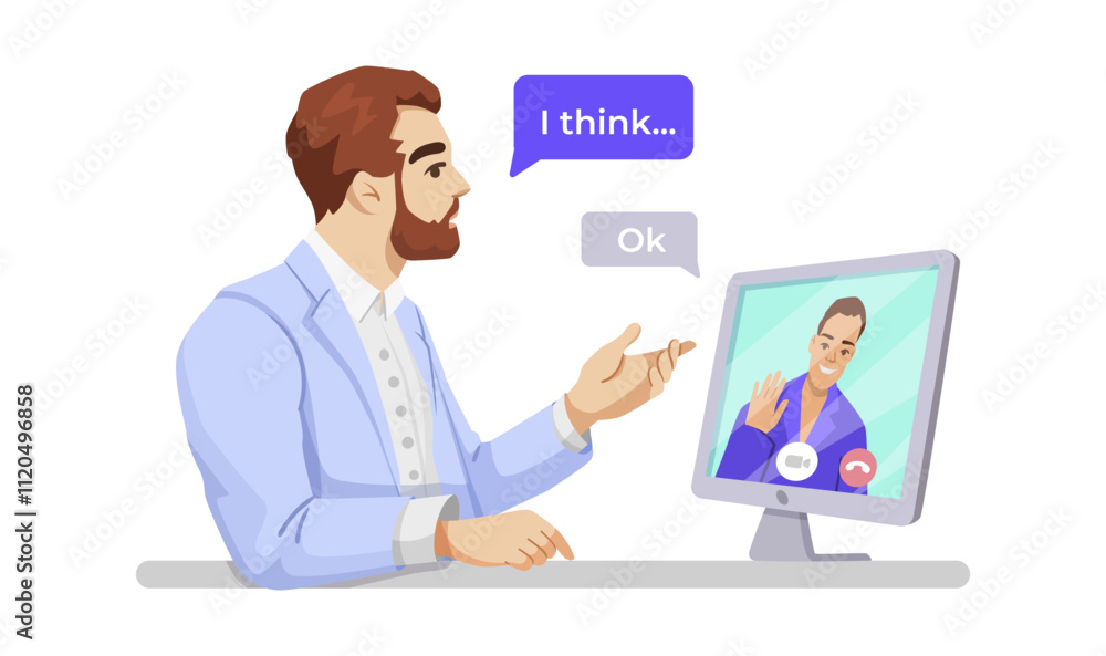 A man in a light blue suit gesturing while video chatting with another man on a computer screen, white background, communication concept. Vector illustration. A man in a light blue suit gesturing while video chatting with another man on a computer screen, white background, communication concept. Vector illustration.