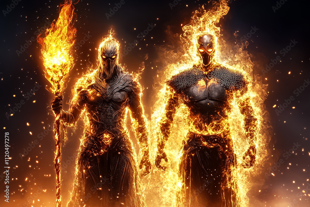 Fototapeta premium Two warriors with flaming staffs stand amidst swirling fire, ready for battle in an epic fantasy landscape