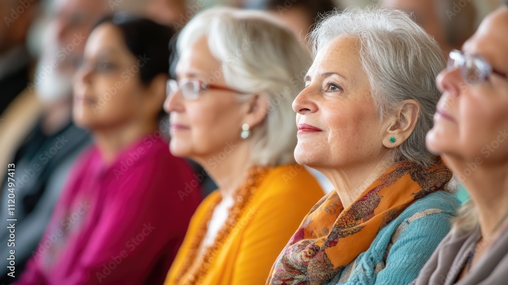 Senior women attending a community event with focused expressions Senior women attending a community event with focused expressions