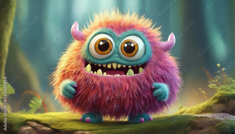 Fototapeta premium Cute furry monster 3D cartoon character