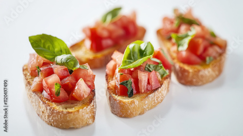 Close up of fresh italian bruschetta with tomatoes and basil for culinary inspiration